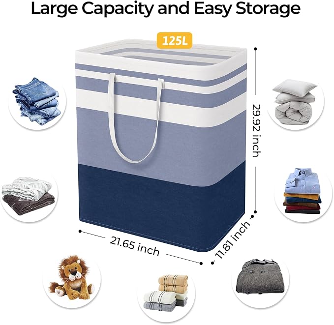 HomeHacks 2-Pack Large Laundry Basket, Waterproof, Freestanding Laundry Hamper, Collapsible Tall Clothes Hamper with Extended Handles for Clothes Toys in the Dorm and Family (Blue, 125L) - Image 4