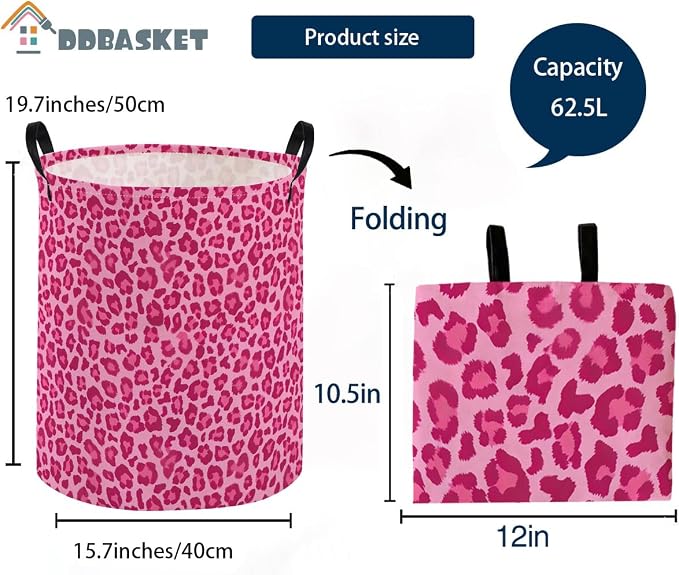 Kids Laundry Basket Pink Hamper for Nursery Hamper Cute Kids Storage Bin Room Decor for Home(Pink leopard print) - Image 2