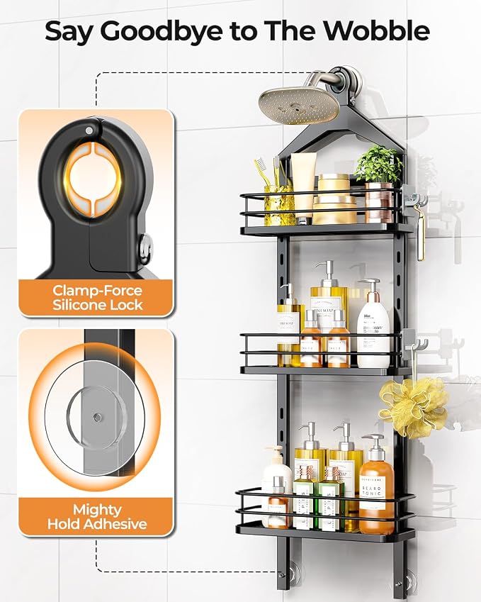 ODesign 3 Tier Height-Adjustable Shower Caddy Hanging Hanger Anti-Swing-Over The Shower Head Caddy-Shower Storage Organizer Bathroom Shelves Basket Shower Caddies-Black,11.9" x 4.84" x 36.2" - Image 5