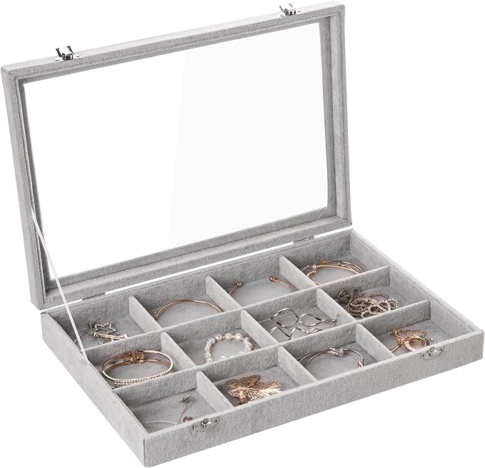 Frebeauty Velvet Jewelry Tray,12 Grid Jewelry Organizer with Clear Lid,Bracelets Holder,Jewelry Display Case with Clasp,Drawer Insert Bangle Brooch,13.8 x 9.5 x 2 Inches,Gift for Women Girls(Grey) by Frebeauty
