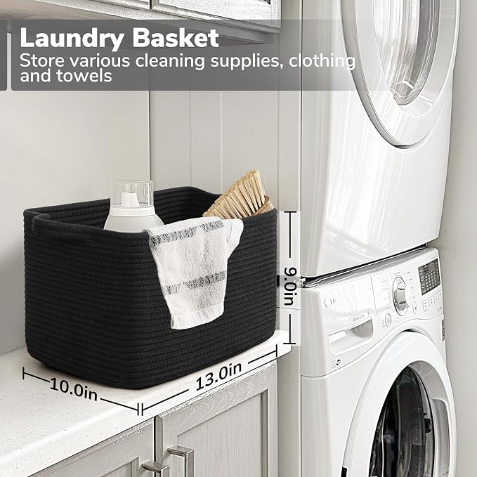 Goodpick Woven Storage Baskets for Organizing, Cotton Rope Organizer for Living Room Bedroom, Black Laundry Basket with Handles, Stylish Gift Baskets for Baby Boys, 13"x10"x9" - Image 3