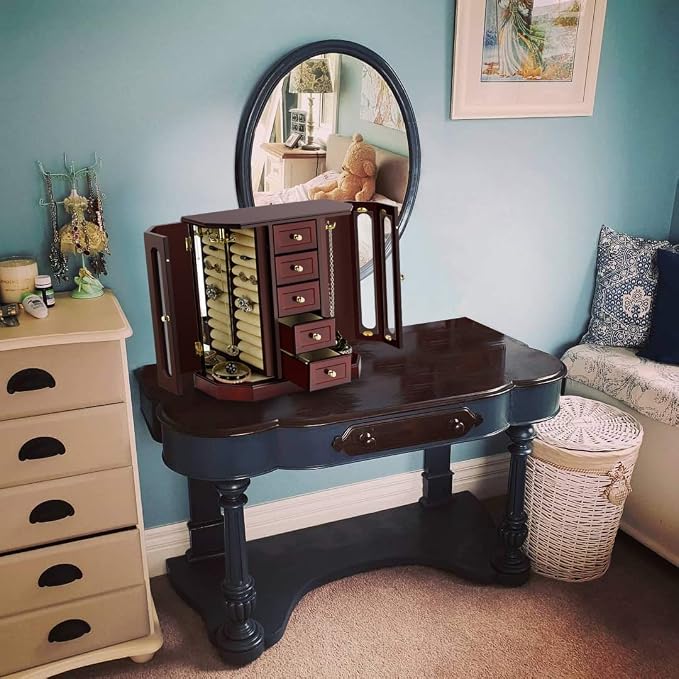 RR ROUND RICH DESIGN Jewelry Box - Made of Solid Wood with Cabinet Type 5 Drawers Organizer and 2 Separated Open Doors on 2 Sides and Large Mirror Brown - Image 6