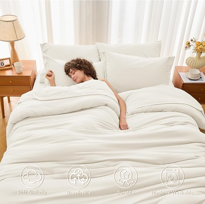 MUXHOMO 5 Pieces Twin XL Comforter Set, Soft Bed in a Bag Twin XL Size, All Season Bedding Set with Comforter, Flat Sheet, Fitted Sheet, Pillowcases & Shams, Ivory