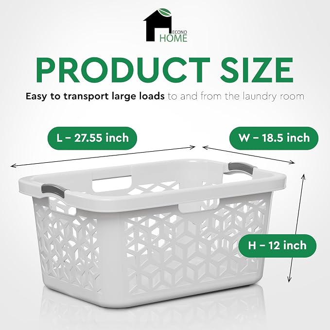 EconoHome Laundry Basket - Large 2 Bushel Laundry Basket with Handles - Stackable Plastic Hamper for Dirty Clothes - Storage Bin & Organizer for Bathroom, Bedroom - White, 70.5L Capacity – Heavy Duty - Image 2
