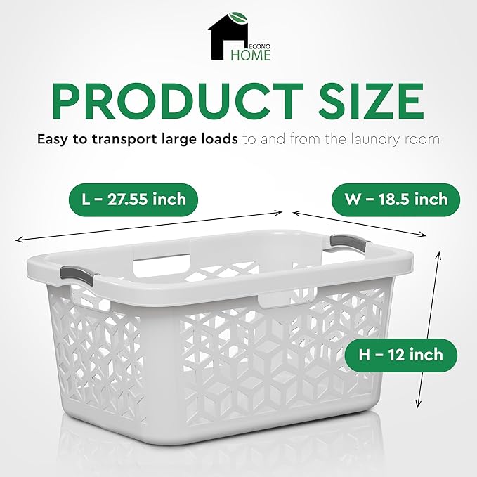 EconoHome Laundry Basket - Large 2 Bushel Laundry Basket with Handles - Stackable Plastic Hamper for Dirty Clothes - Storage Bin & Organizer for Bathroom, Bedroom - White, 70.5L Capacity – Heavy Duty - Image 2