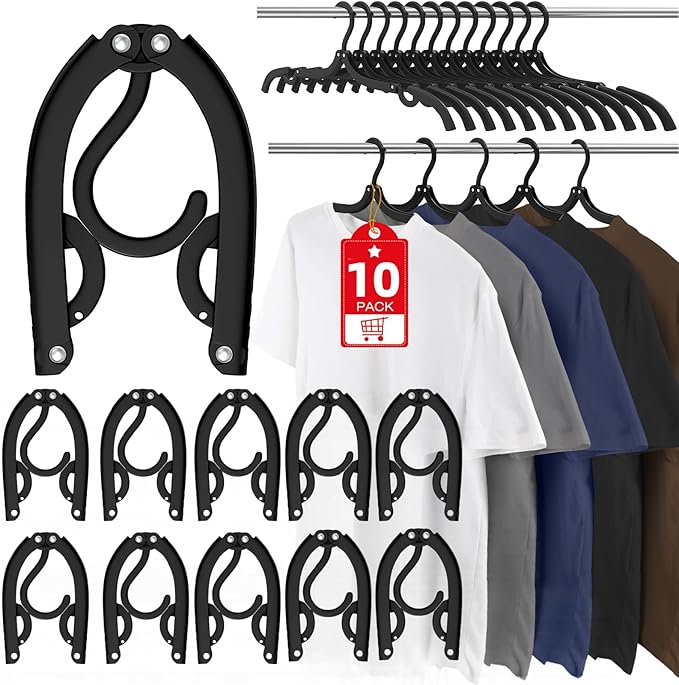 10 Pcs Travel Hangers Portable Foldable Travel Hanger Organizer, Plastic Cruise Essentials Clothes Drying Rack Folding Hangers for Camping Flying RV Europe Vacation Essentials Suitcase, Black by Besslly