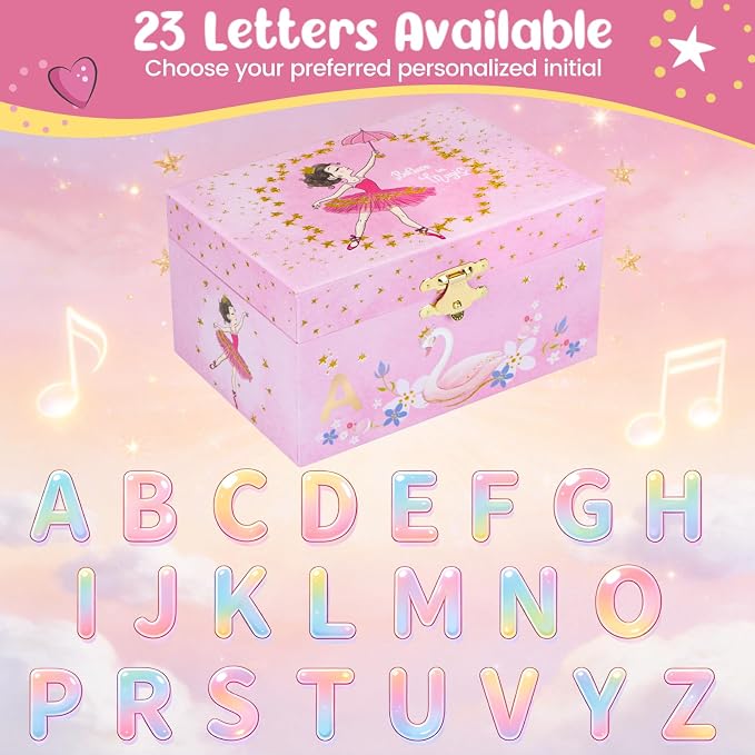 Personalized Initial A Musical Jewelry Box for Girls - Ballerina Music Box with Spinning Dancer, Includes Unicorn Necklace & Bracelet Set, Custom A Letter Keepsake for Kids Ages 3-10 - Image 2