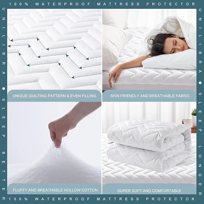 Queen Size Waterproof Mattress Protector Quilted, Breathable Ultra-Soft Filling Mattress Pad, Fitted Deep Pocket Mattress Cover Fits 6''-25'' Mattress White