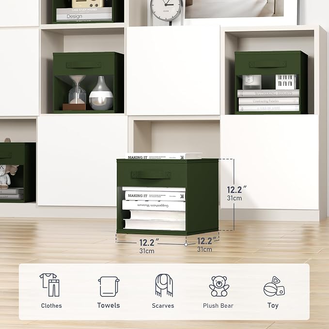 DIMJ Cube Bins, 12.2-Inch Storage Bins Cubes with Window, 6 Packs Collapsible Storage Bins with Handles, Closet Storage Baskets for Organizing Living Room, Office, 6 Pack,Green - Image 2