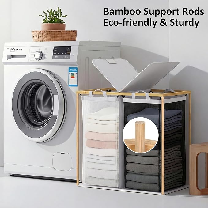 efluky Laundry Hamper with Lid, Double Laundry Hamper with 2 Removable Bags, 2 Section Laundry Basket with Bamboo Handles for Bathroom, Bedroom & Laundry Room, 140L (36.9 Gallon) Light Grey - Image 2