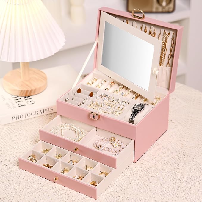 3 Layer Jewelry Boxes Large Jewelry Holder Organizer Case with 2 Jewelry Organizer Drawer PU Necklace Organizer Lockable Upgrade Mirror Gifts for Women, Pink by Emazerom