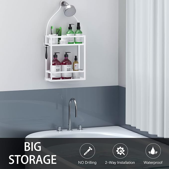 Meangood Shower Caddy 10.4" x 4.5" x 22.04" Hanging Shower Caddy Organizer Over Shower Head Big Capacity for Shampoo, Conditioner with Hooks for Razor/Sponge, White - Image 3