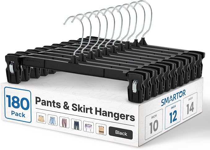 Smartor Space Saving Heavy Duty Hangers - 180 Pack, Slim Plastic Pants and Shorts Hangers, Ridged Non-Slip with Pinch Clips, 360-Rotating Chrome Swivel Hook, Black, 12 Inches by Smartor