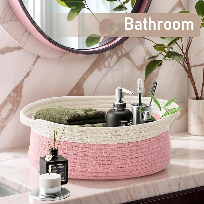 JMvicyroam Woven Basket,Small Rope Storage Bin with Handles & Ribbon Bag, Organizer for Shelves Closets,Gift Basket Empty for Birthday,Books,Dog Toys, White&Pink/3 Pack - Image 8