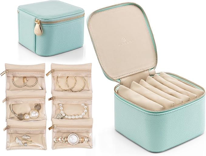 VLANDO Travel Jewelry Box Organizer – Portable PU Leather Jewelry Case with 6/8/12 Zippered Pouches, Compact Storage for Earrings Rings Necklaces Bracelets, Aqua Blue by VLANDO