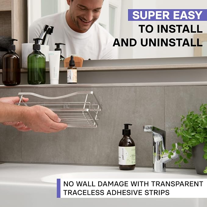KINCMAX Premium Shower Caddy - Self Adhesive Shower Organizer with 4 Hooks, Rustproof Stainless Steel Shower Rack for Bathroom, Silver - Image 3