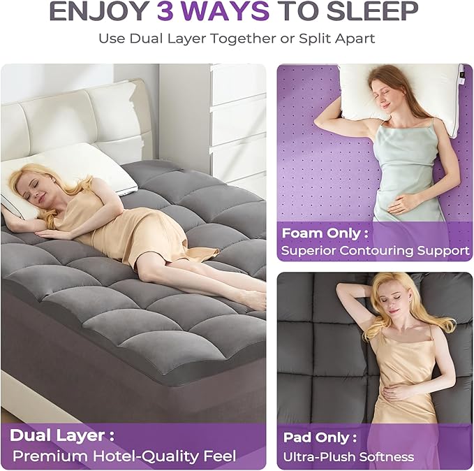 SINWEEK Dual Layer 5 Inch Memory Foam Mattress Topper King Size, 3 Inch Gel Memory Foam Plus 2 Inch 1450 GSM Down Alternative Quilted Pillow Top Mattress Pad Cover, Dark Gray