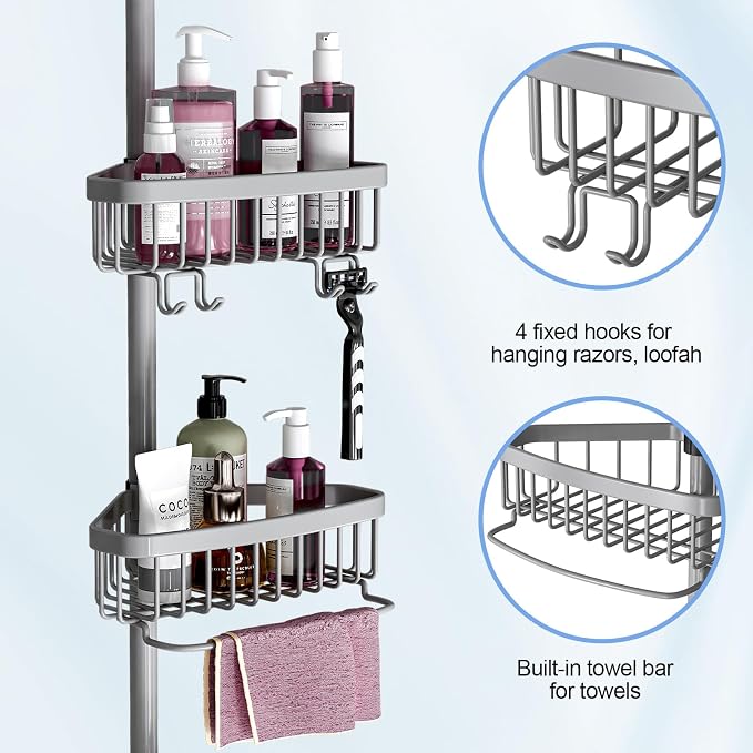 Corner Shower Caddy Tension Pole: Stainless Steel Rustproof 4-Tier Shower Organizer - 47-121 inch Adjustable Bathroom Shelves for Bathtub Shampoo Storage - Tension Rod Floor Standing Bath Rack - Image 4