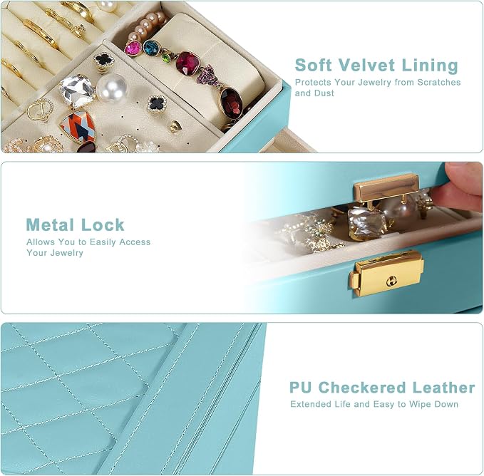 2-Layer Jewelry Box for Women, Jewelry Organizers and Storage with Removable Jewelry Tray, Vintage Quilted Top Lockable Jewelry Holder Gift Idea Sky Blue - Image 4