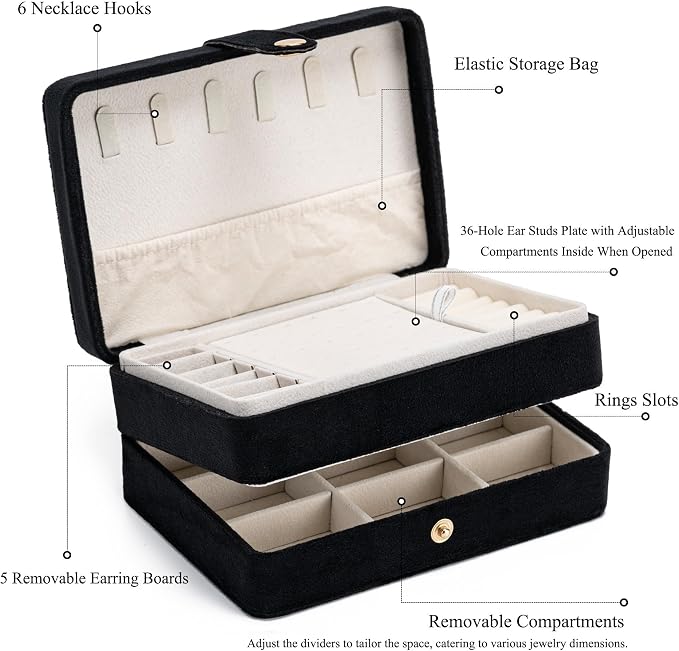 MODENGKONGJIAN Jewelry Organizer Box, 2-Layer Large Jewelry Storage Case, Portable Travel Jewelrys Display Holder for Earrings, Necklaces, Bracelets (Black,Velvet) - Image 3