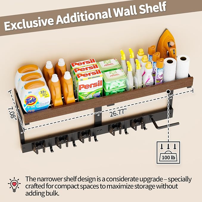 Broom Holder Wall Mount with Cleaning Supplies Organizer, Laundry Room Shelves with Mop Hanger Rack Gripper Hooks and Vacuum Organizer, Broom and Mop Organizer Wall Hanging for Home Garage Kitchen - Image 5