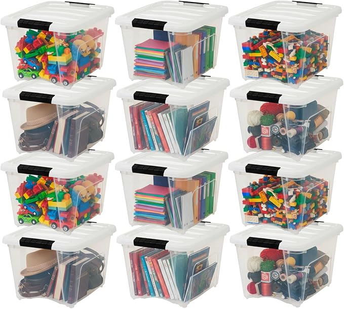 IRIS USA 19 Qt Stackable Plastic Storage Bins with Lids, 12 Pack - BPA-Free, Made in USA - See-Through Organizing Solution, Latches, Durable Nestable Containers, Secure Pull Handle - Clear/White by IRISUSA