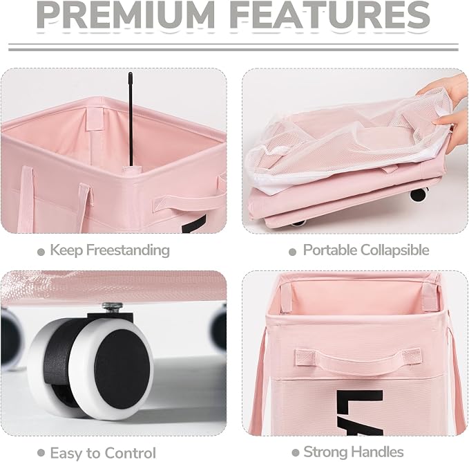 CHICVITA Slim Laundry Hamper with Wheels 75L, Collapsible Rolling Laundry Basket for Living Room, Pink Laundry Hamper for College Dorm - Image 2