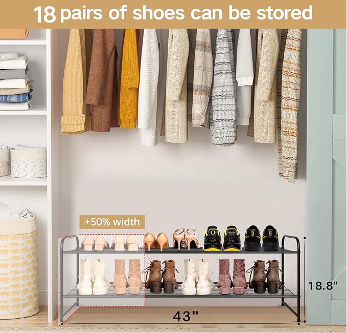 KEETDY 2-Tier Long Shoe Rack for Closet Metal Shoe Organizer for Entryway, Wide Stackable Shoe Storage Shelf with Sturdy Wire Grid for Closet Floor, Bedroom, Black - Image 3