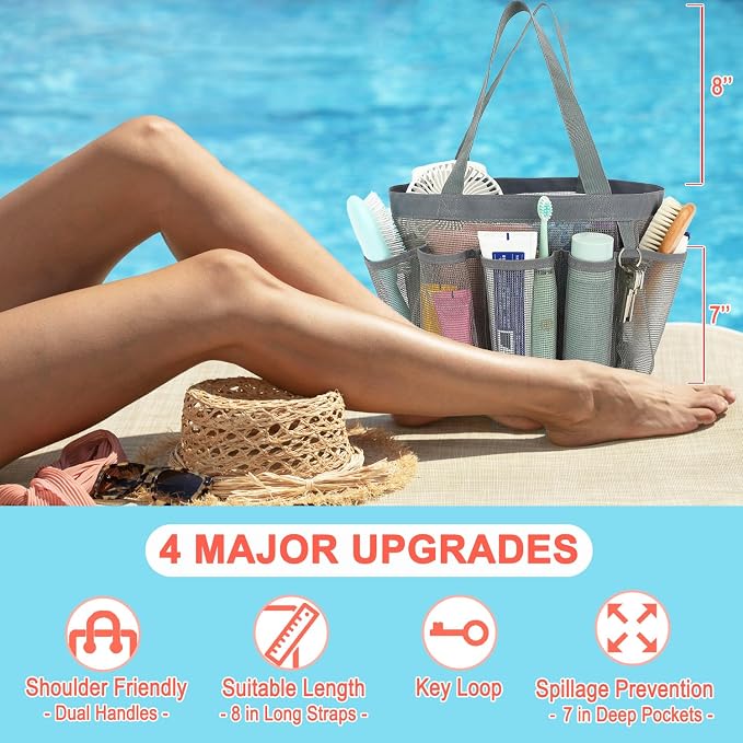 Fammart Mesh Shower Caddy Portable for College Dorm Room Essentials, 8-Pocket Large Shower Basket Tote Bag with 2 Handles for Toiletry, Bathroom, Beach, Camp, Gym - Image 3