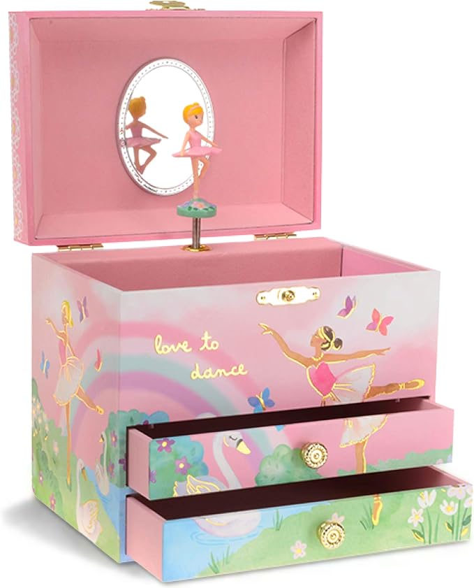 Jewelkeeper Jewelry Box for Girls - Spinning Ballerina Doll to Swan Lake Tune Music Box - Pink Jewelry Boxes for Girls with 2 Drawers - Ideal for Storing Necklaces and Bracelets - 7Lx5Hx6W Inches by Jewelkeeper