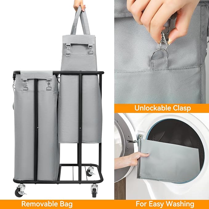 WOWLIVE Double Laundry Hamper with Wheels 170L Rolling Laundry Basket Organizer Laundry Cart with Steel Frame and Removable Bags Large Dirty Clothes Hamper Dorm Room Storage for Bedroom (Grey) - Image 6