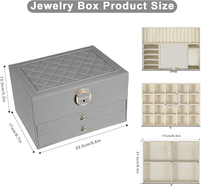 GUOER Jewelry Box for Women Girl Wife 3 Layers Large PU Leather Jewelry Organizer Storage Case with Two drawers Display for Earrings Bracelets Rings Watches (Grey) - Image 4