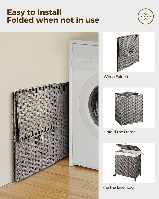 Greenstell Laundry Hamper with Wheels, No Install Needed, 110L Divided Handwoven Hampers & 2 Removable Liner Bags, Rattan Clothes Laundry Basket with Lid & Handles, Foldable Hampers Gray 22x13x26.4 In - Image 8