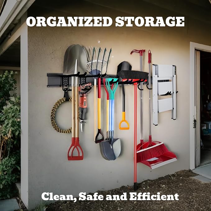 SEDY 64" Heavy Duty Garage Storage Tool Organizer Wall Mount - Tool Rack with Adjustable Hooks, Anti-Rust, 300lbs Capacity - Easy Installation (4 Racks, 10 Hooks, 3 Straps) - Image 2