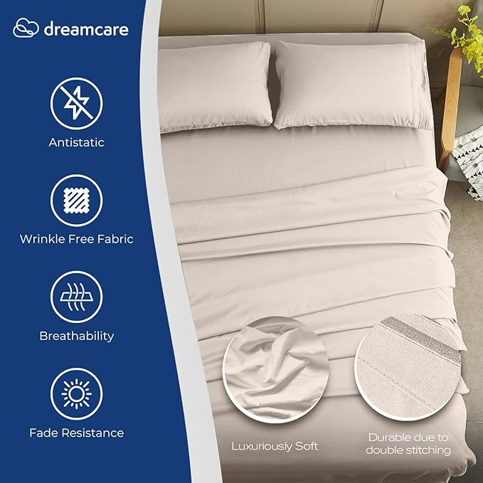 DREAMCARE Twin XL Sheet Sets - 4 pcs Breathable Cooling Bed Sheets - up to 15" Deep Pocket Twin XL Sheets Set with Side Pockets - Extra Soft 100% Brushed Hypoallergenic Hotel Luxury Bedding - Beige