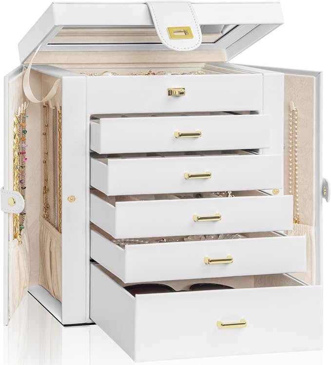 AKOZLIN Large Jewelry Box Organizer Functional with Big Mirror, Leather Jewelry Storage Case for Women Girls Ring Necklace Earring Bracelet Holder Organizer White by AKOZLIN