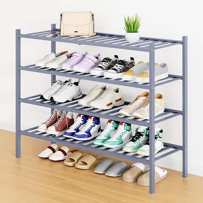 Smiry Shoe Rack, 4 Tier Long Bamboo Shoe Organizer, Stackable Free Standing Wooden Shoe Storage Shelf for Closet, Entryway, Front Door Entrance, Grey by Smiry