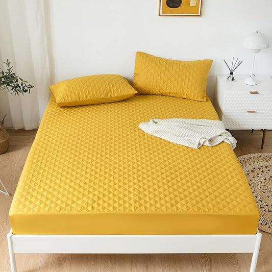 jejeloiu Yellow Quilted Mattress Pad, 100% Waterproof Breathable Twin Bedding Fitted Sheet Mattress Protector 14" Deep Pocket Cotton Snow Down Alternative Filling Mattress Cover (Twin,Yellow)