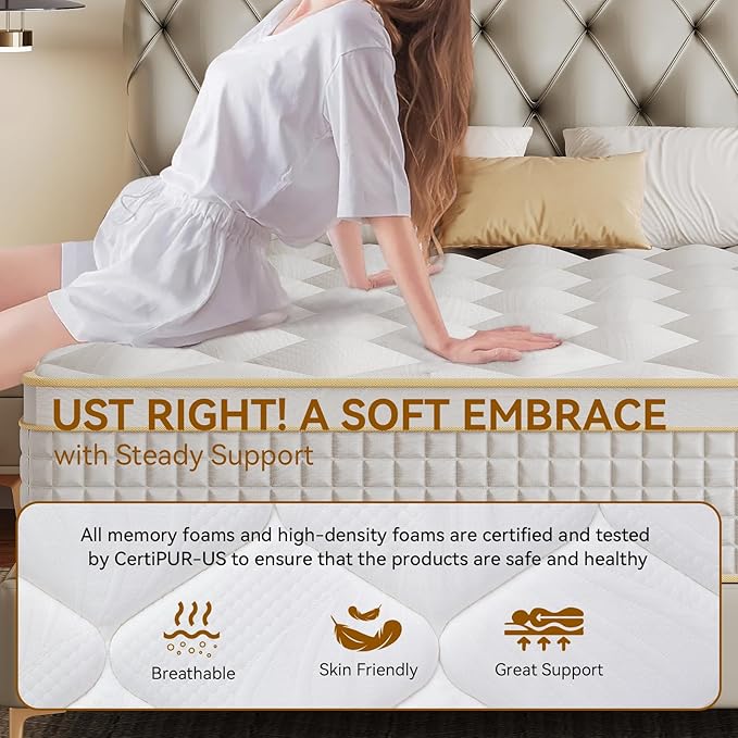 Queen Mattress 12 Inch Hybrid Mattress in a Box with Memory Foam and Pocket Springs for Pressure Relief, Medium Firm Queen Size Mattress, Motion Isolation, CertiPUR-US