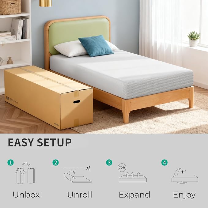 FDW 8 Inch Twin Mattress, Medium Firm Gel Memory Foam, Cooling Ventilated Foam, Pressure Relief, White, Removable Washable Cover, Bed in a Box, CertiPUR‑US Certified