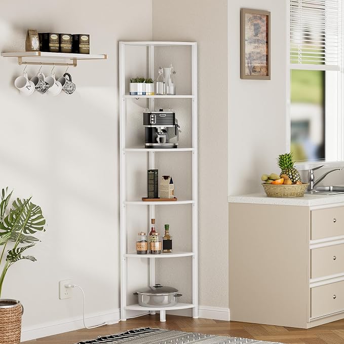 Furnulem 6 Tier Corner Shelf with LED Light, 67.5” Tall Standing Shelf Organizer, White Narrow Bookshelf with Storage Rack for Wall Corner, Living Room, Bedroom, Metal Frame, Wood Display Shelf - Image 9