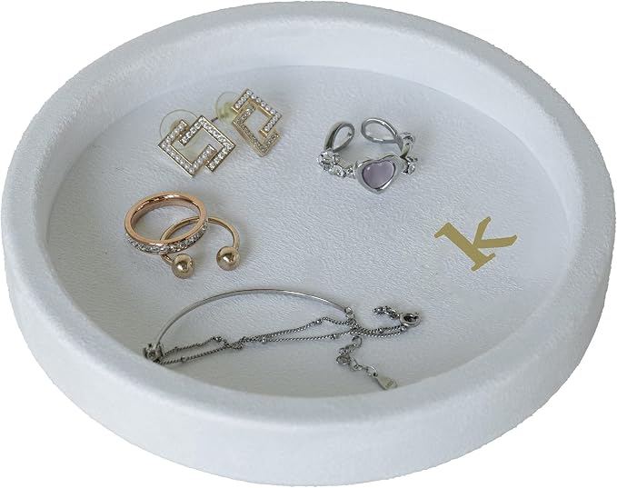 COLLECTIVE HOME - Velvet Jewelry Tray, 6" Monogrammed Jewelry Dish, Smooth Velour Display Dish for Rings, Earrings, Necklaces, Makeup, Personalized Gifts for Women (White-k) by COLLECTIVEHOME