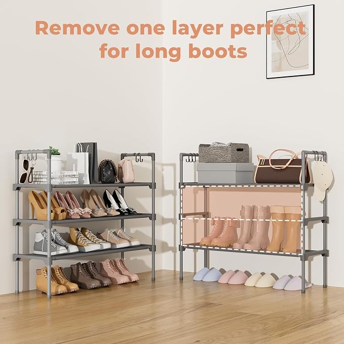 LANTEFUL 3 Tier Shoe Rack for Closet, Shoe Organizer with 5 Hooks, Long Shoe Shelf Storage for Shoe and Boot Stackable Free Standing Shoe Rack for Entryway, Garage, Small Spaces, Dorm, Grey - Image 5