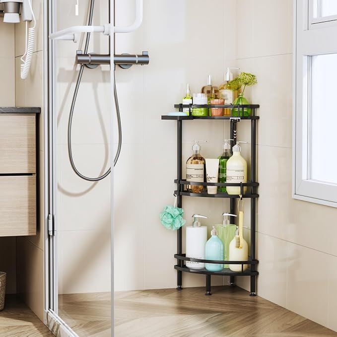 HapiRm Standing Corner Shower Caddy - 3 Tier Shower Organizer Corner with Soap Holder and 4 Hooks, Rustproof Bathroom Storage Shelves with Adhesives, Black - Image 6