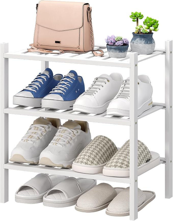 viewcare Small Shoe Rack for Entryway, White Shoe Organizer for Closet, Bamboo Wood Standing Shoe Shelf for Indoor Outdoor (White, 3-Tier_Samll) by VIEWCARE