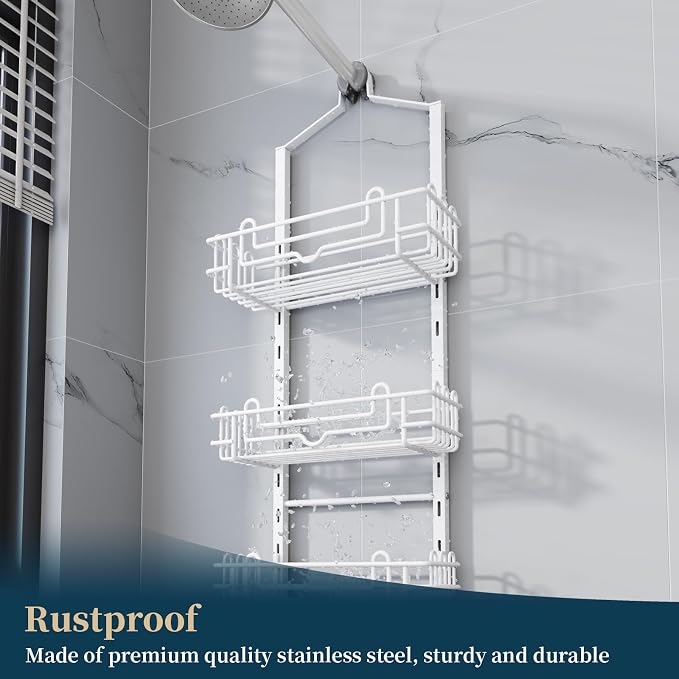 Consumest Shower Caddy Hanging – Rustproof Over Shower Head Hanger with Soap Holder and Hooks, Anti-Slip Shower Shelves for Storage, Bathroom Organizer for Apartment, Dorm, White - Image 5