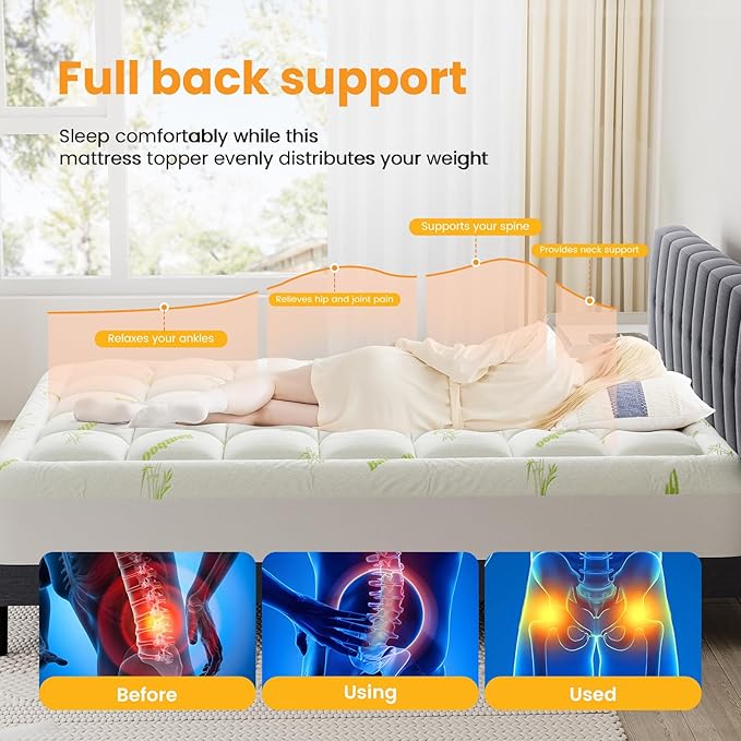 Twin XL Cooling Pillow Top Mattress Topper – Ultra-Soft Bamboo Viscose Cover, Deep Pocket 8-16" Stretch Skirt, Oeko-TEX & CertiPUR-US Certified Plush Pad for Back Pain Relief