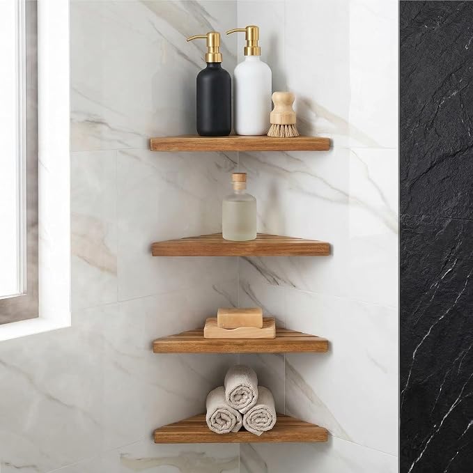 ENKEZI Acacia 2,3,4 Tiers Corner Shower Shelf, Triangular Corner Shelf Wooden Bathroom Shelf for Tiled Wall, Shower Corner Shelf, No Drilling Requied (4) - Image 4