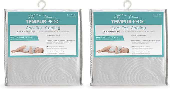Tempur-Pedic Cool Tot Cooling Fitted Waterproof Infant and Baby Crib Mattress Protector Pad & Toddler Bed Cover, Comfortable and Luxurious Topper, Machine Washable and Dryer Friendly, 52” x 28”- White