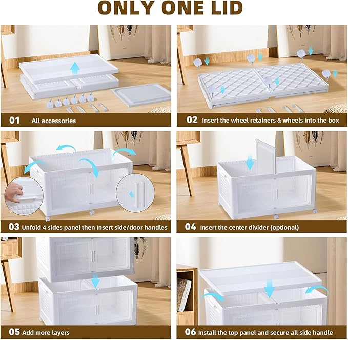 FINCHESCLUB 568QT XL Stackable Storage Bins with Lids, 141Gal Foldable Storage Bins with Doors, Wheels and Lights - Collapsible Closet Cabinets for Home Office - 3 Pack - Off White